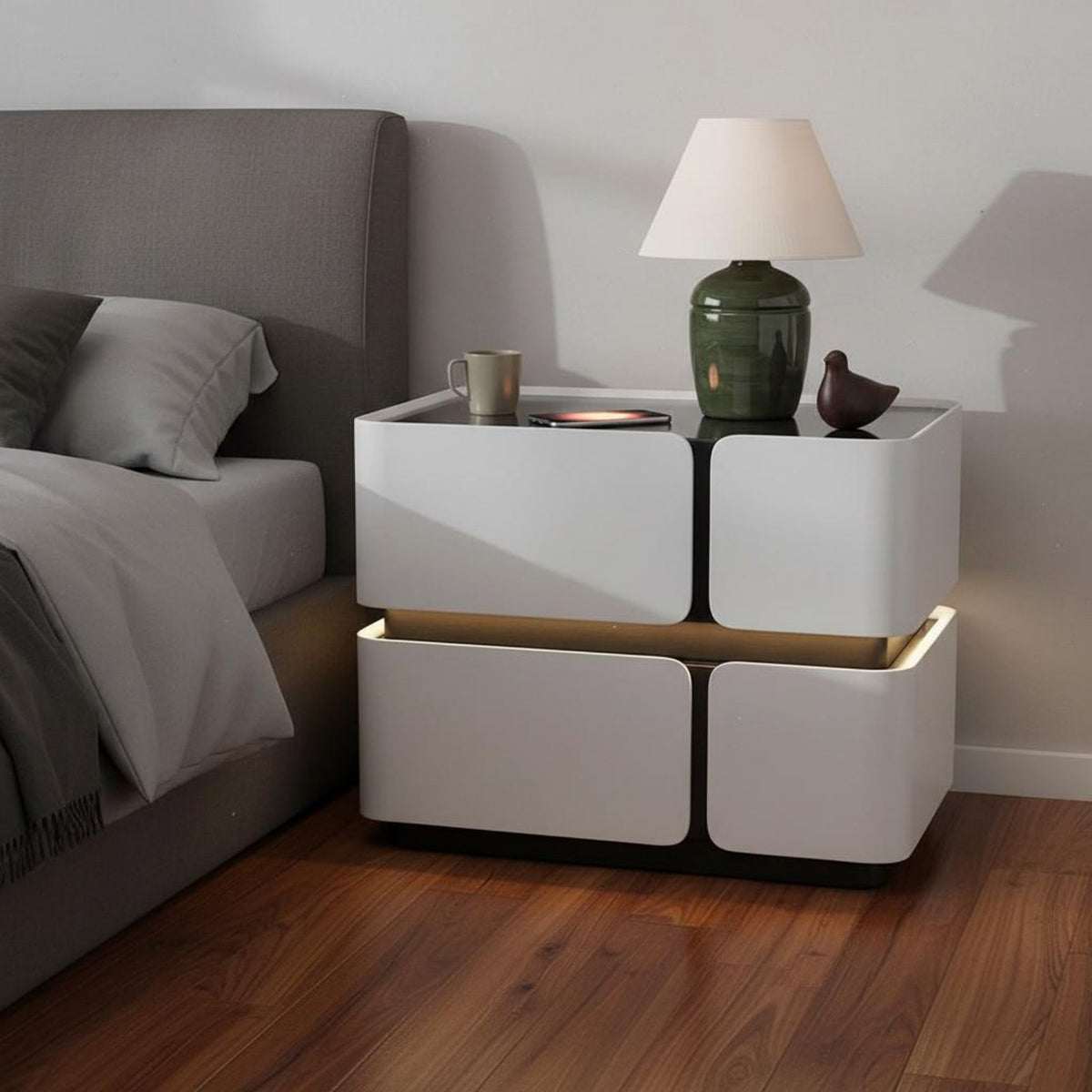 Illuminated Bedside Cabinet Nightstand with Battery-operated Charging Two Drawers Microfiber Leather Glass Surface Adjustable Lighting Suitable for Residents Students Guest Room Hotel