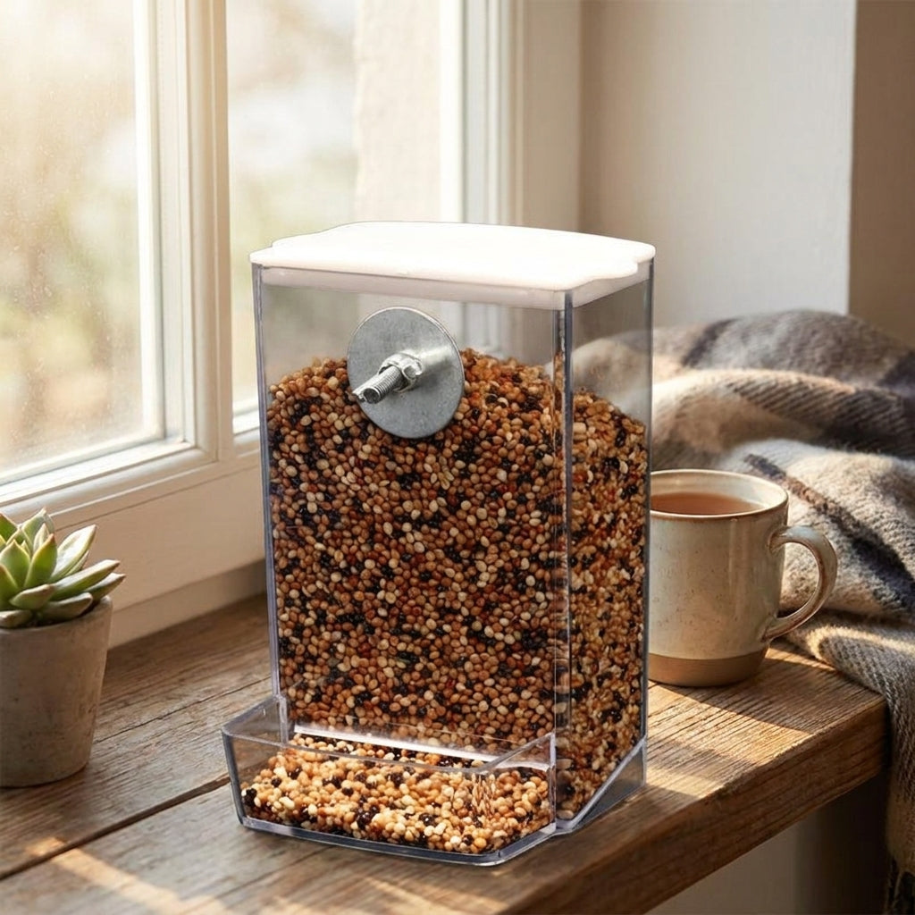Automatic Bird Feeder and Parrot Feeder 2 Pack, Anti-Spill Bird Dispenser with Perch Tray, External Mount Cockatiel Feeder for Indoor Cage Use