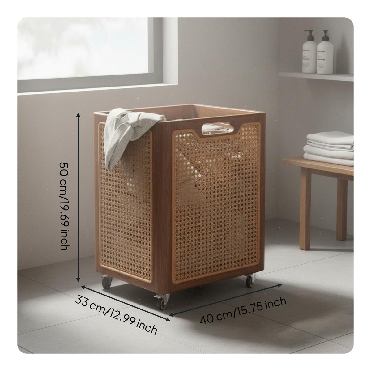 Wood Laundry Basket Multipurpose Rattan Laundry Hamper on Wheels No Assembly Required Wicker Design Hamper for Bedroom