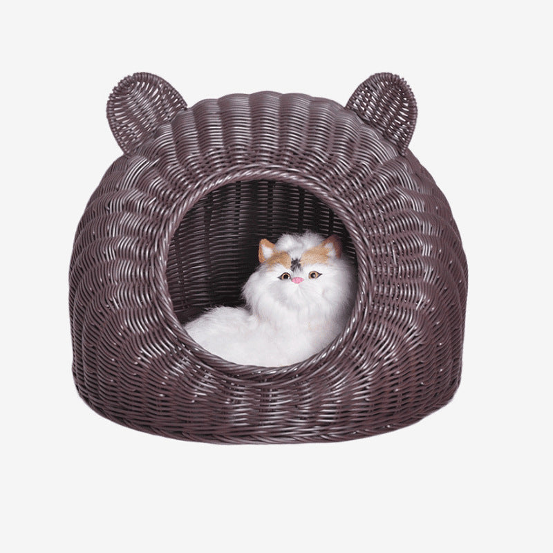 Wicker Cat Bed for Cats, Semi-Enclosed Breathable Pet Nest, Washable