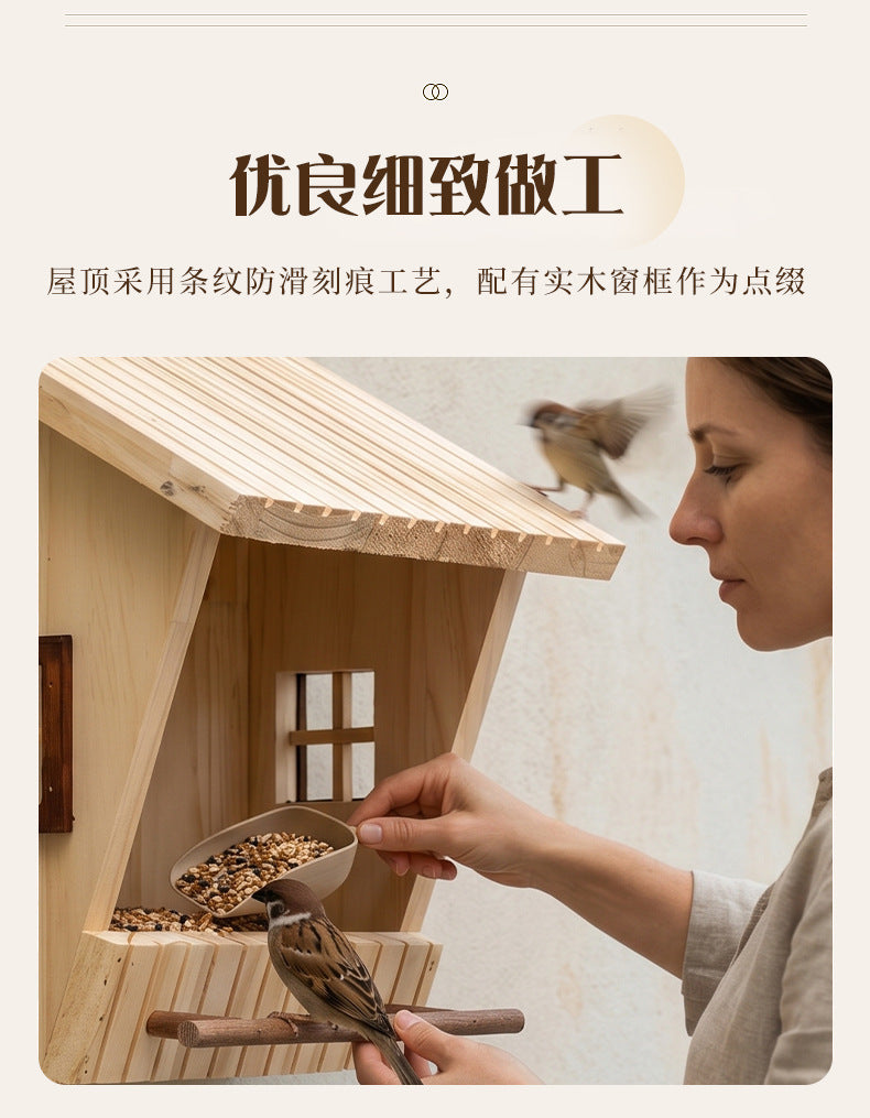 Wooden Bird Feeder in House Shape for Outdoor Garden Hanging, Made of Pine Wood