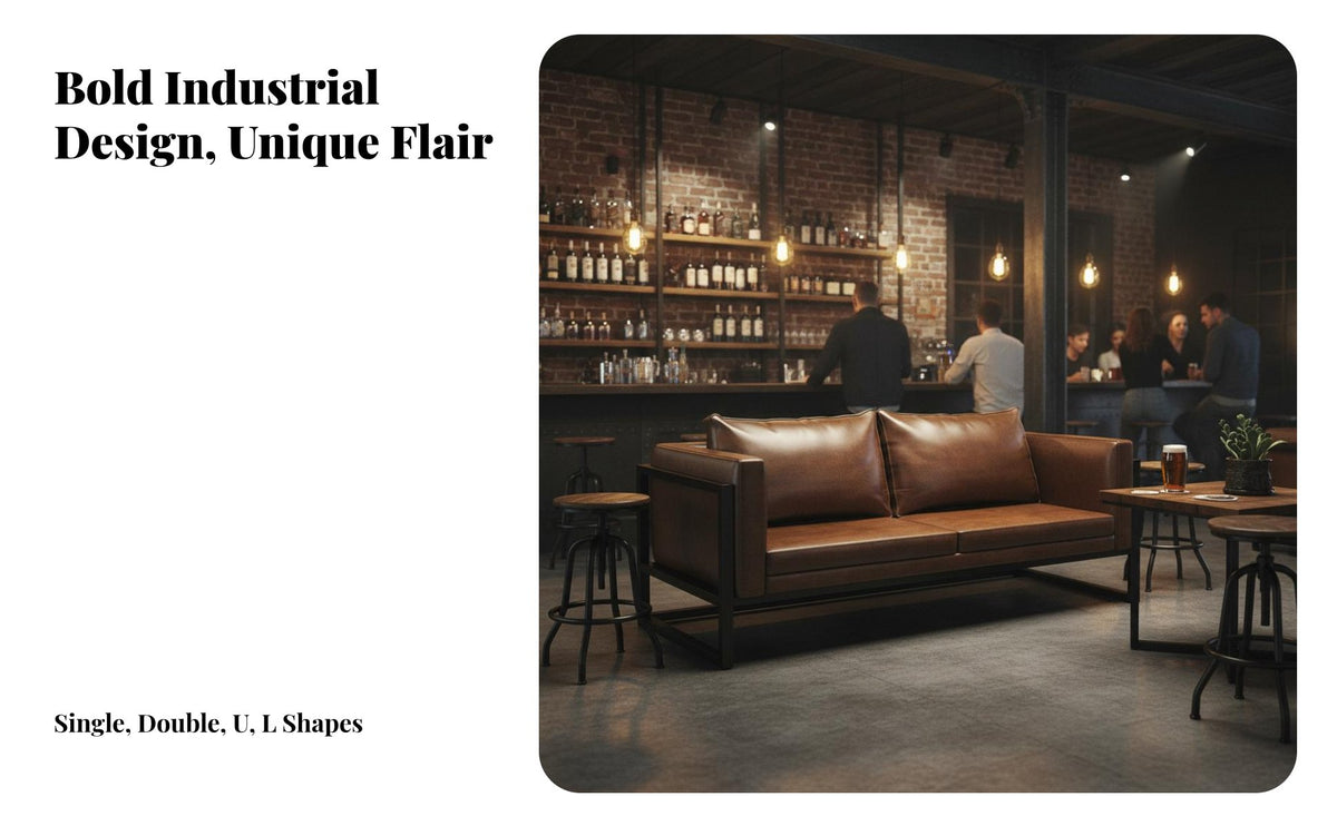 High-Density Foam Cushion Industrial Bar Furniture Set Heavy Duty Industrial Booth Sofa Easy to Clean Metal Frame Faux Leather Sofa Scratch Resistant for Cafe Owners, Interior Designers, Tavern, Lounge, Hotel