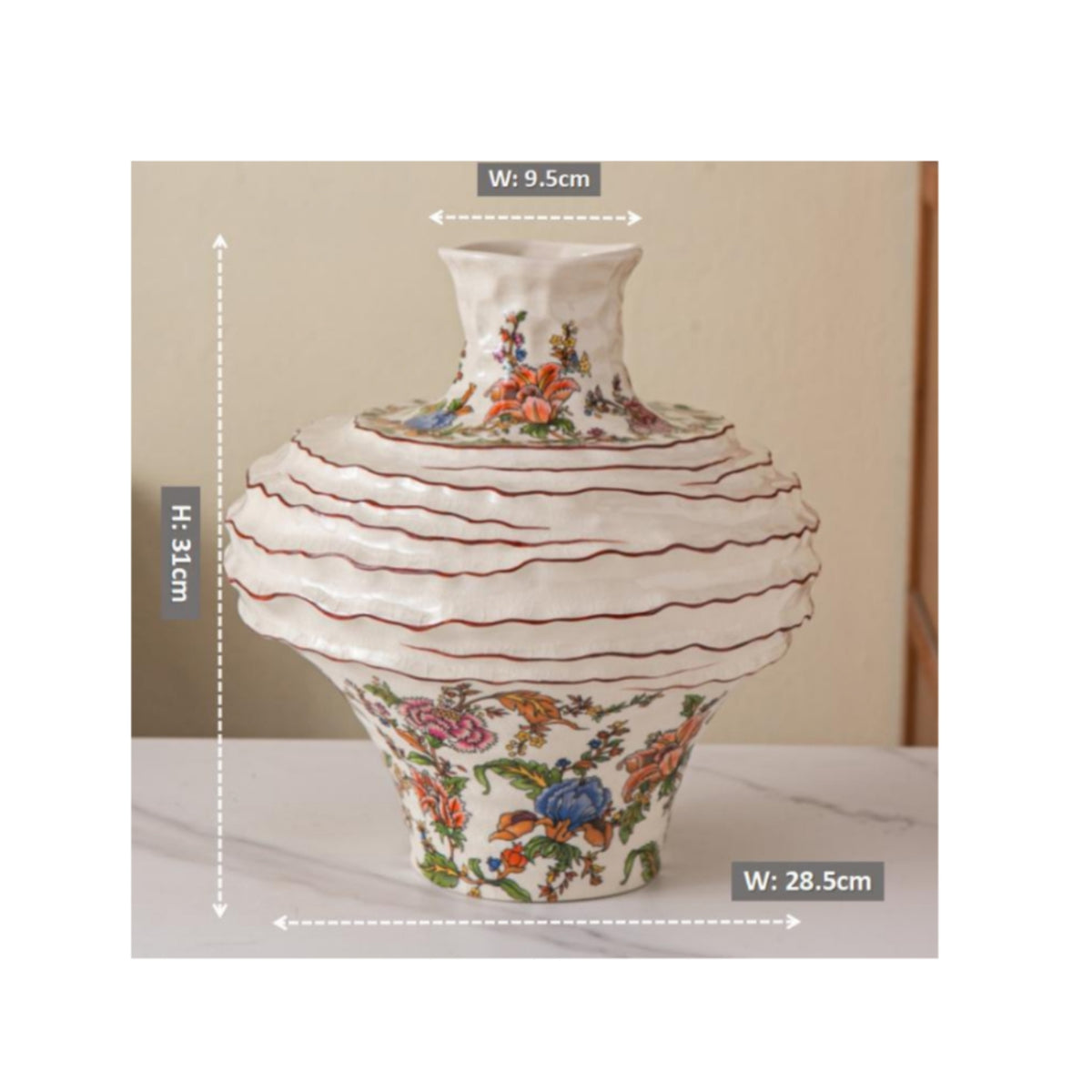 Hand-Painted Floral Vase Wavy Ridges Home Decor Rustic Design