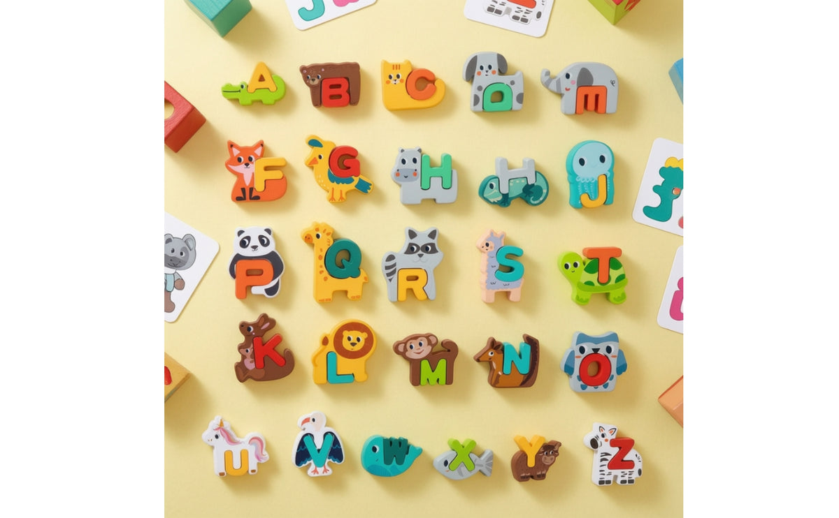 26 Pieces Educational Wooden Alphabet Matching Game Colorful Alphabet Animal Puzzle Multicolor Wooden Puzzle with Animal Blocks Smooth Edges for Classroom