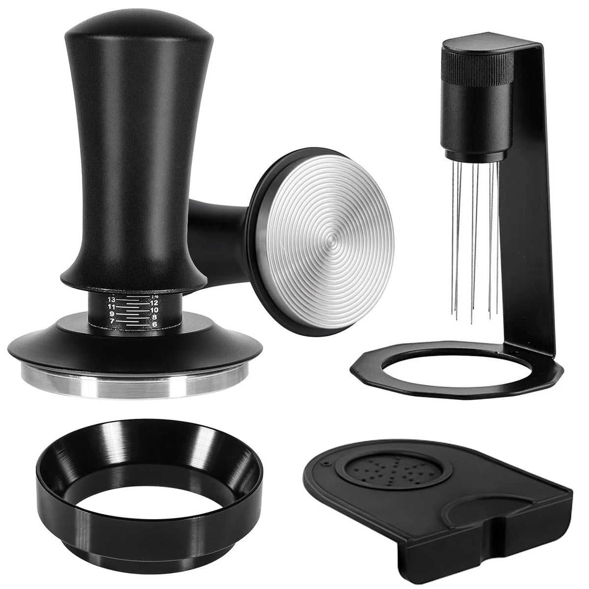 Espresso Tamper with Adjustable Distributor and Dosing Funnel Set