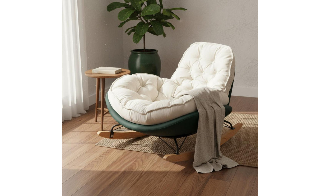 Wide Seat Upholstered Rocking Chair Ergonomic Design Upholstered Rocker High Back Tufted Rocking Lounge Chair Easy to Clean for Living Room, Bedroom, Balcony, Apartment