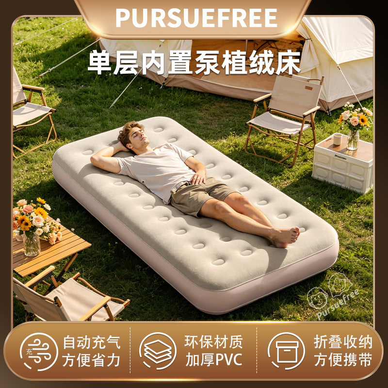 Pursuefree Inflatable Air Mattress with Built-in Pump, Flocked Surface, Multiple Sizes for Home and Camping