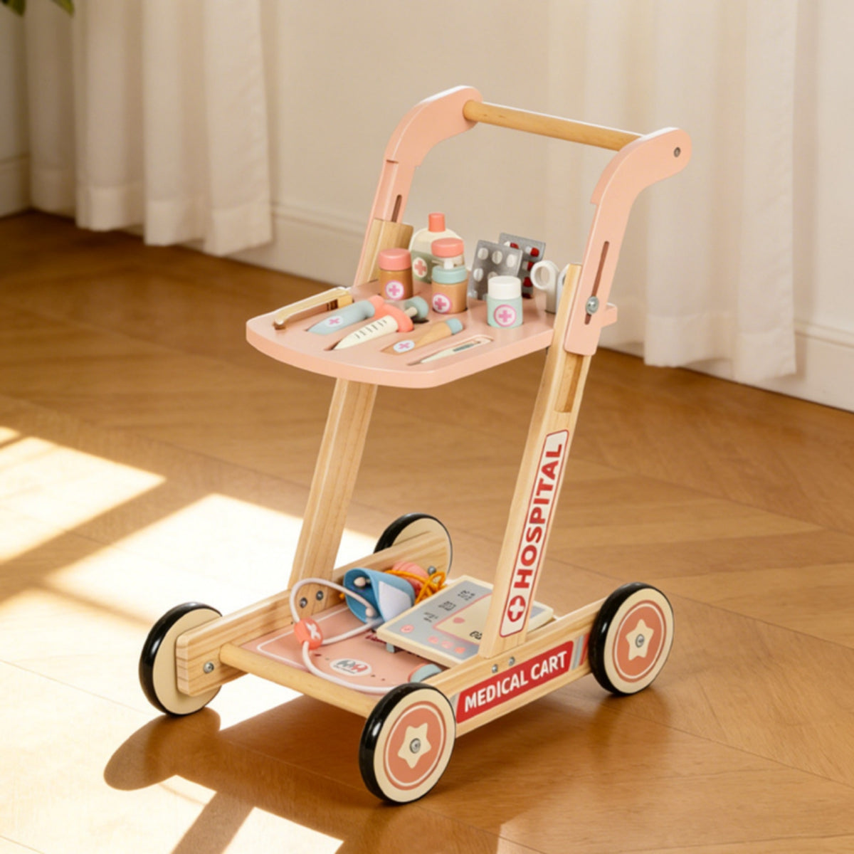 Children'examination Cart Toy Educational Pretend Play Medical Cart Smooth Edges Wooden Physician Play Set