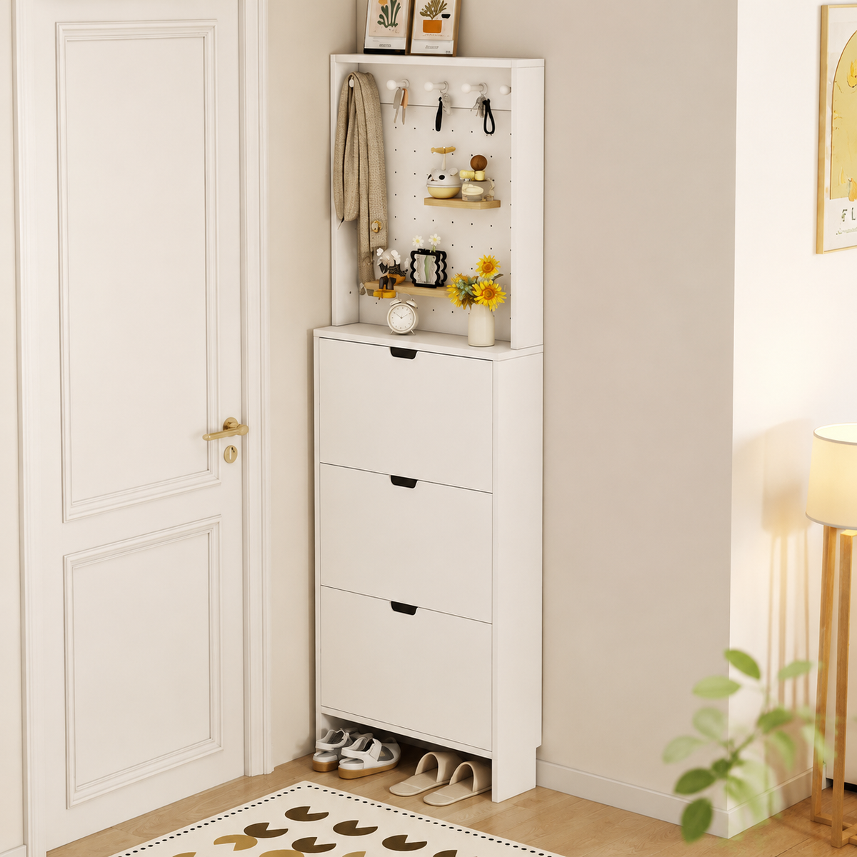 Slim Shoe Box, Flip-Type, Shoe Cabinet, Slim, Entrance Storage, Shoe Box, For Rental, Apartment, Warm White