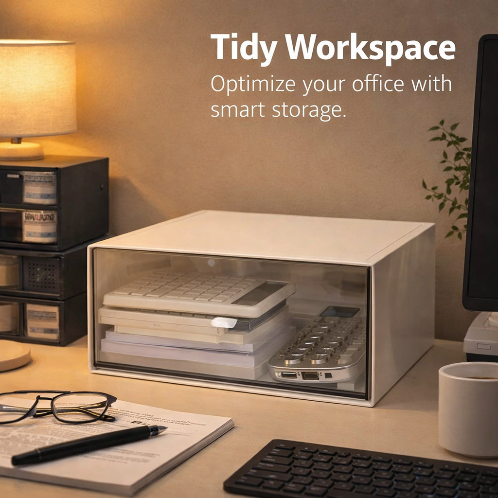 Clear Desk Organizer with Drawer, Desktop Storage for Vanity Table, Stackable Office for Students