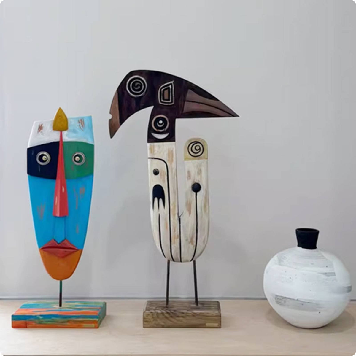 Tribal Symbol Figure Unique Gift Abstract Face Decor Hand Painted Wooden Face Carving Sculpture for Living Room