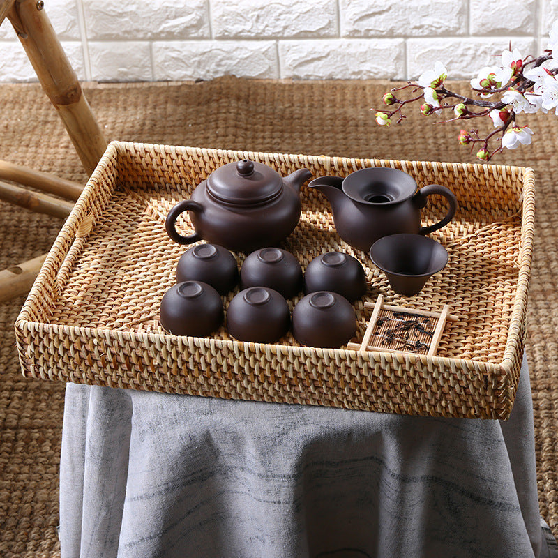 Handwoven Plastic Rattan-Style Tray for Tea and Storage