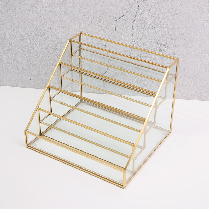 Metal and Transparent Glass Nail Polish Display Rack, Powder and Lipstick Storage Box, Nail Salon Tool Organizer