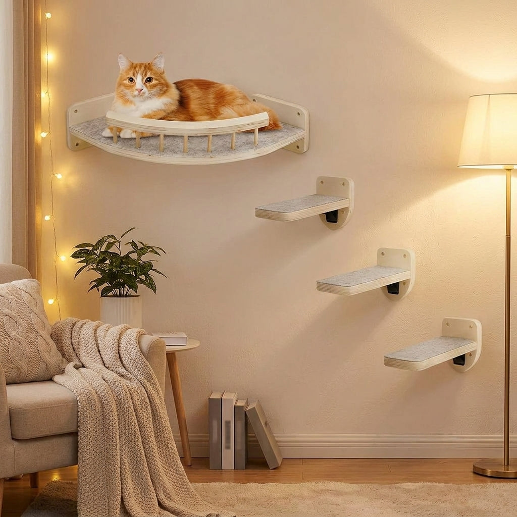 Cat Shelves with Felt Mat, Wall-Mounted Wood Bed and Perch, Minimalist Space Saving Climbing Shelves for Indoor Cats, Furniture Indoor Resting Place