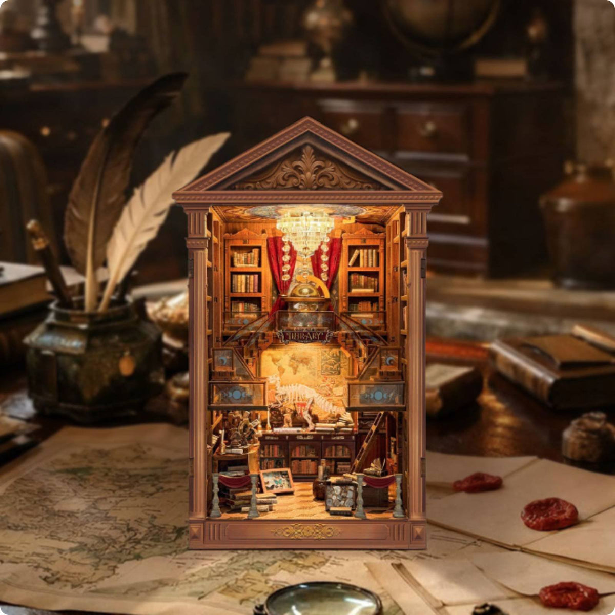 Retro Wooden Literary Alcove Warm LED Wooden Literary Alcove Lights Library Diorama for Bookshelf