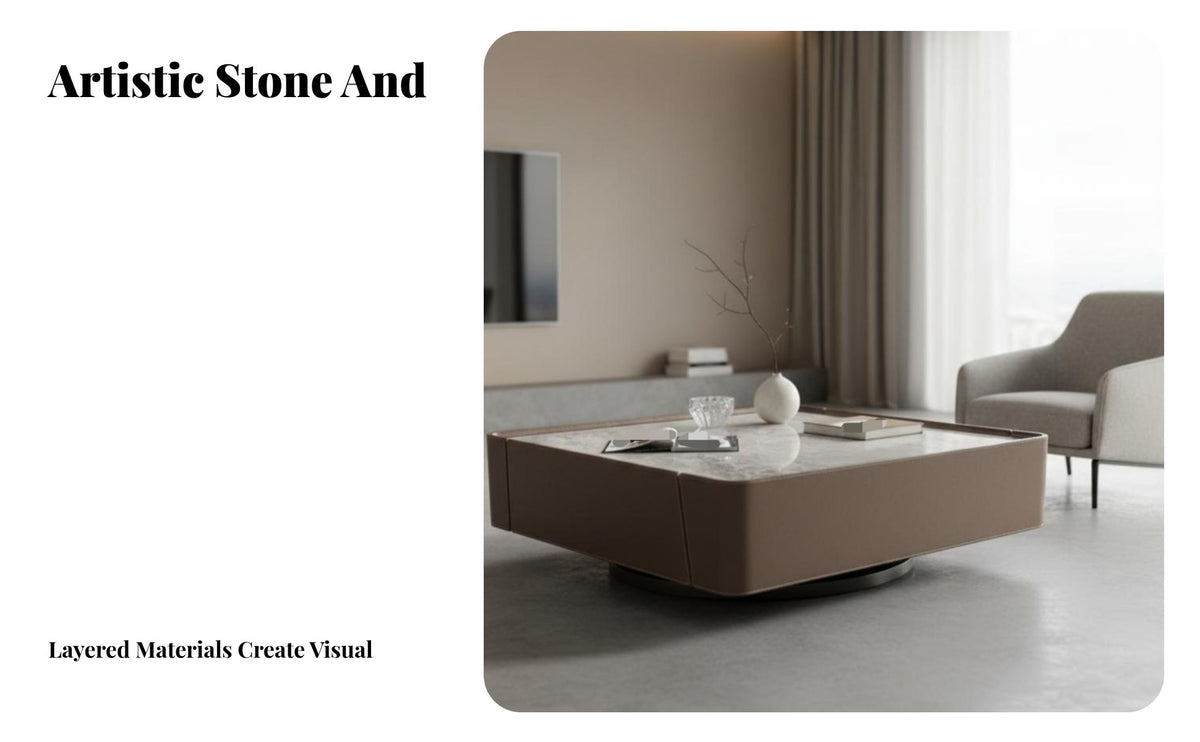 Italian Minimalist Design Square Stone-Top Coffee Table with Drawers Saddle Leather Wrapped Living Room Furniture scuff Resistant Multi-Functional for Homeowners, Interior Designers, Renters, Lounge Area, Home Office