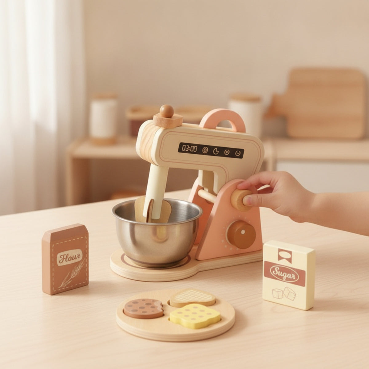 Imaginative Wooden Toy Mixer with Accessories Natural Wooden Toy Mixer Realistic Safe for Children, Toddlers, Preschoolers, Playroom, Preschool, Daycare