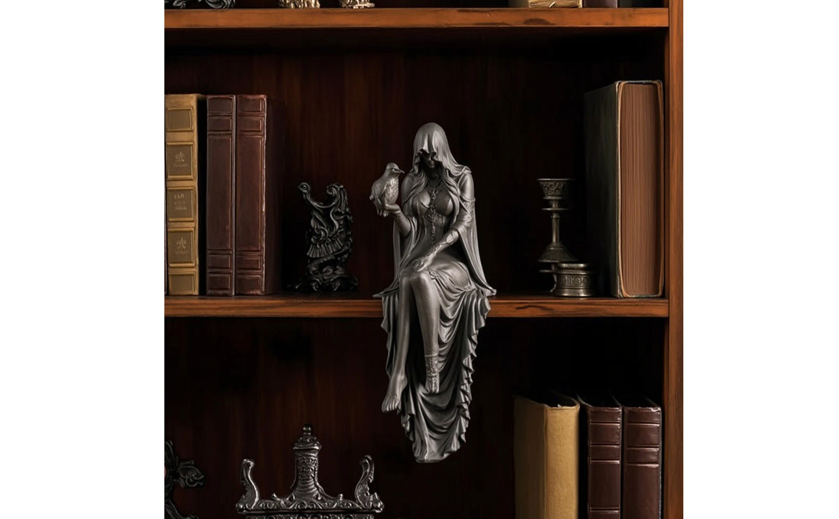 Gothic Raven and Maiden Shelf Sitter Statue Dangling Seated Figurine with Raven Black Hooded Figure Sculpture for Goths, Collectors, Mantel, Desk