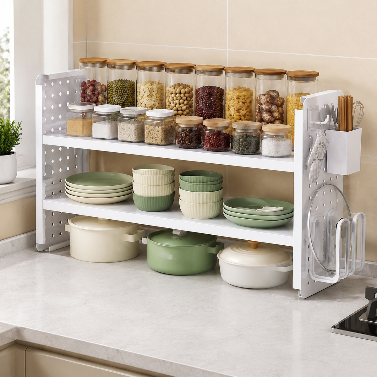 Modern Kitchen Rack, Desktop Rack, 2-Tier, Seasoning Rack, Spice Rack, 60cm Width, Metal, White, Storage