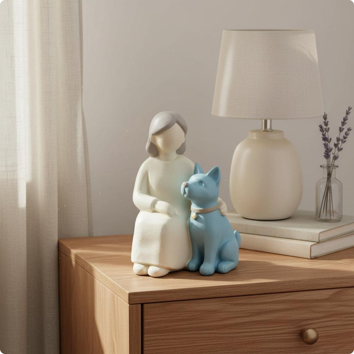 Maiden and Companion Figurine Warm Cozy Vignette and Canine Statue Cute Minimalist Resin Ornament for Bedroom, Garden, Living Room