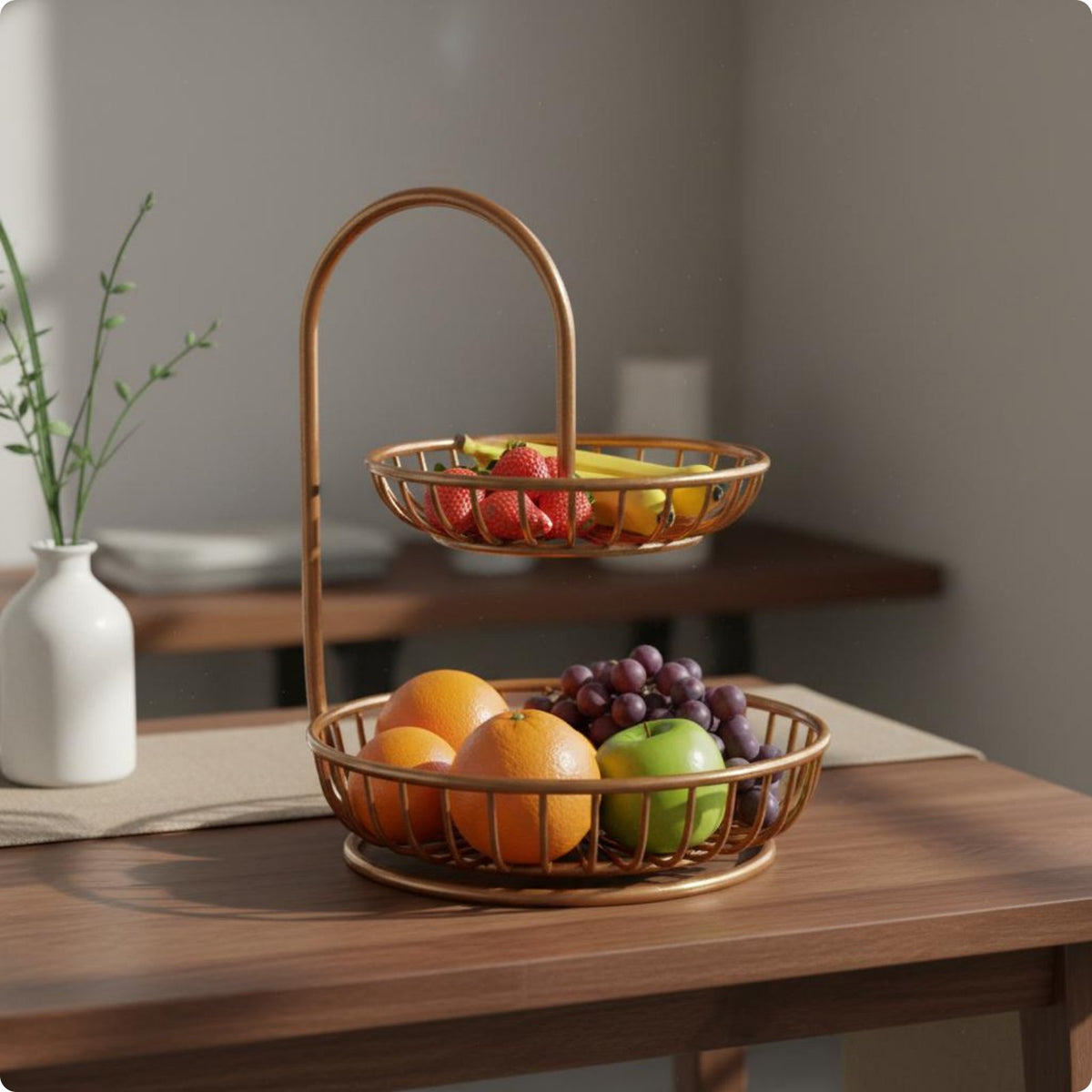 Two Tier Fruit Stand Ventilated Double Layer Fruit Rack Black Finish