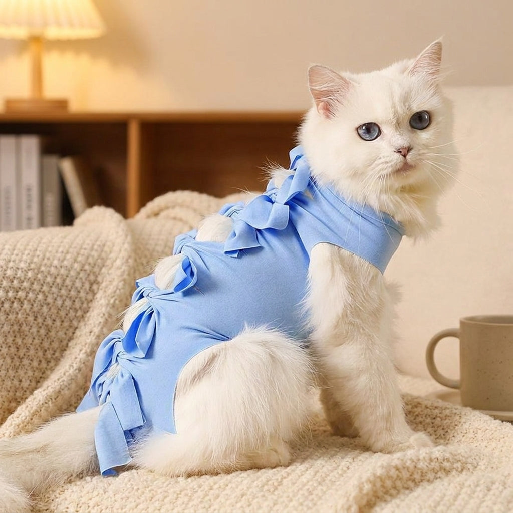 Cat Recovery Suit Full Body Neuter Suit for Cats with Ties, Post Surgery Cat Clothes with Partial Leg Coverage, Anti Licking Post-Surgery Recovery