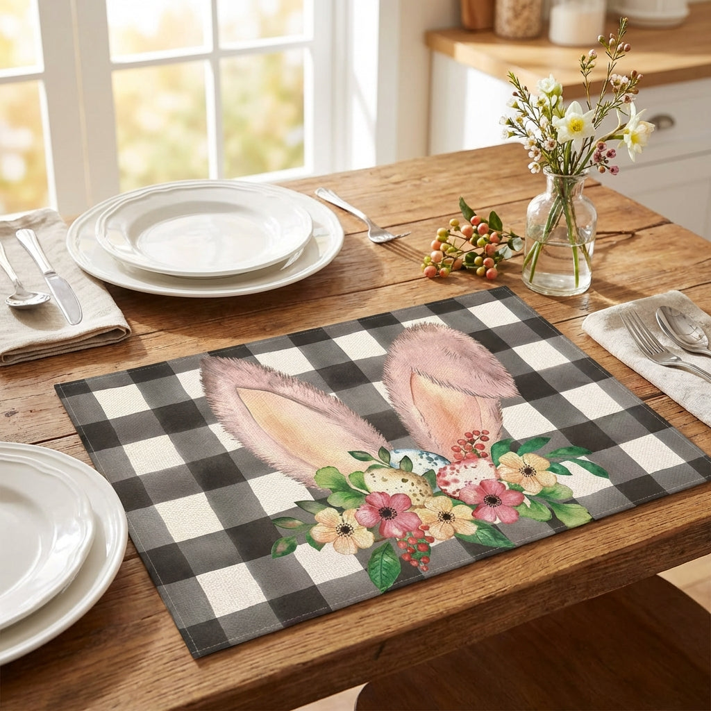 Set of 4 Easter Placemats, Heat Resistant Linen Table Mats with Rustic Buffalo Check & Bunny Design, Washable Dining Room Mats for Spring Party Kitchen Home Decoration