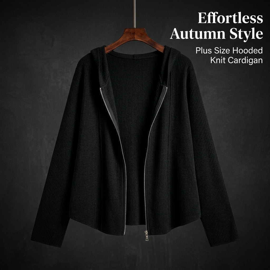 Knitted Cardigan for Women with Double Zipper Closure and Hooded Design, Ribbed Knit for Autumn and Fall Season, Comfortable Fit