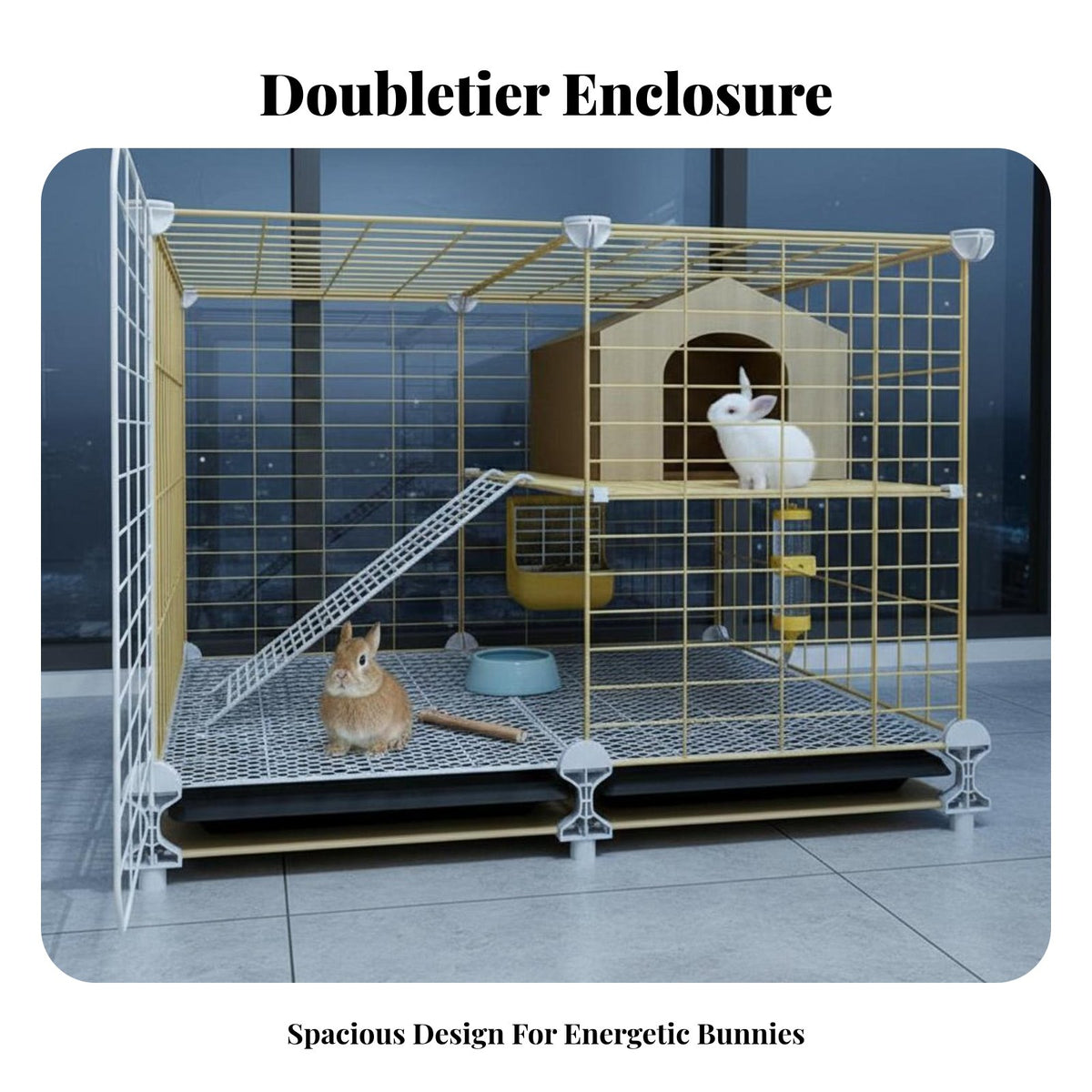 Easy-Clean Tray Indoor Rabbit Enclosure Accessible Able Roof 2-Tier Bunny Hutch Movable Wheels 2-Story Rabbit Hutch DIY Assembly for Families with Pets, Home, Living Room