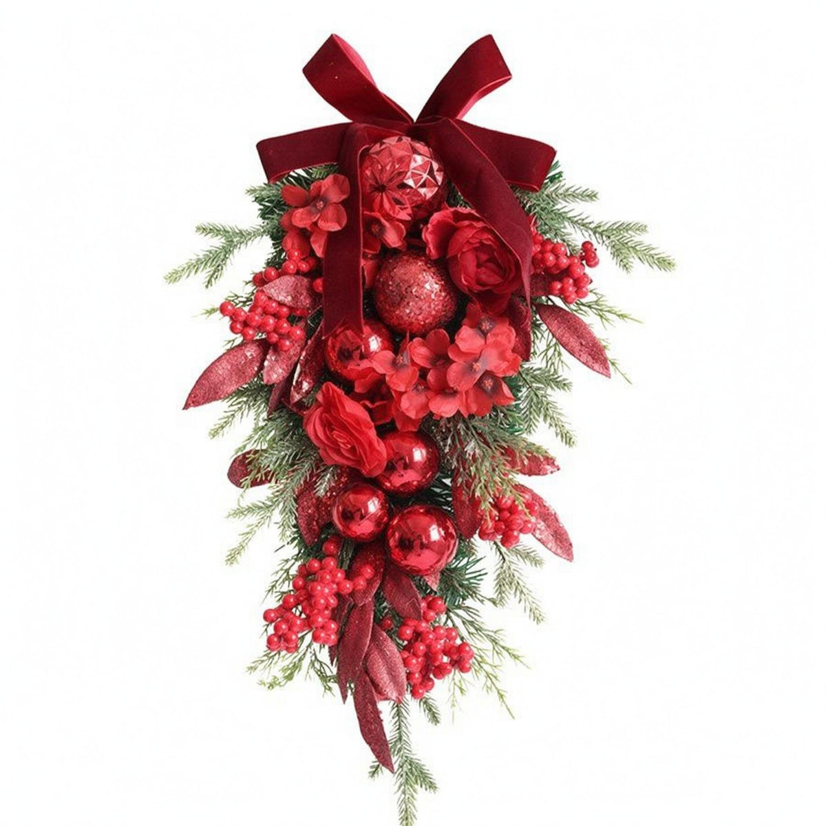 Teardrop Wreath Large Bow Christmas Wreath Layered Floral Christmas Swag for Wall