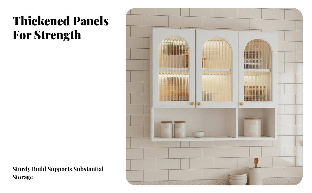 Wall-Mounted Design Arched Glass Door Cabinet Multi-Functional Arched Fluted Glass Door Cabinet Large Capacity Storage Hanging Cupboard Space Saving for Homeowners, Families, Decorators, Kitchen, Bathroom, Dining Room, Entryway