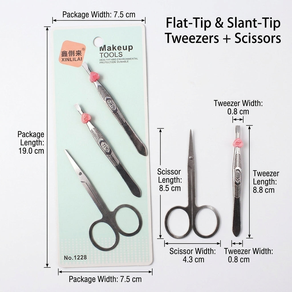 Stainless Steel Eyebrow Grooming Kit with Brow Tweezers and Scissors, Precision Slant and Flat for Shaping and Trimming