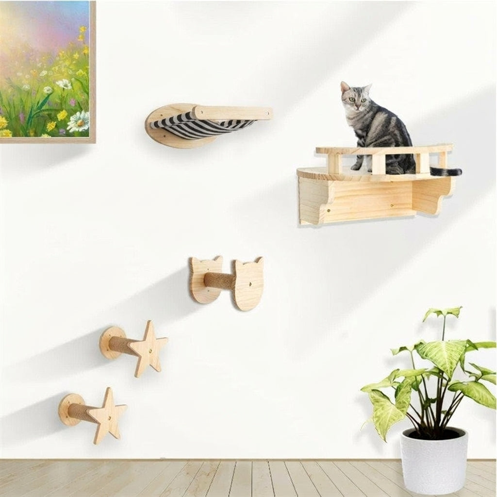 Wall Mounted Cat Shelf and Moon Perch, Solid Wood Cat Furniture for Indoor Pets, 2-Piece Simple Design Saving DIY Shelves for Medium Size Cats