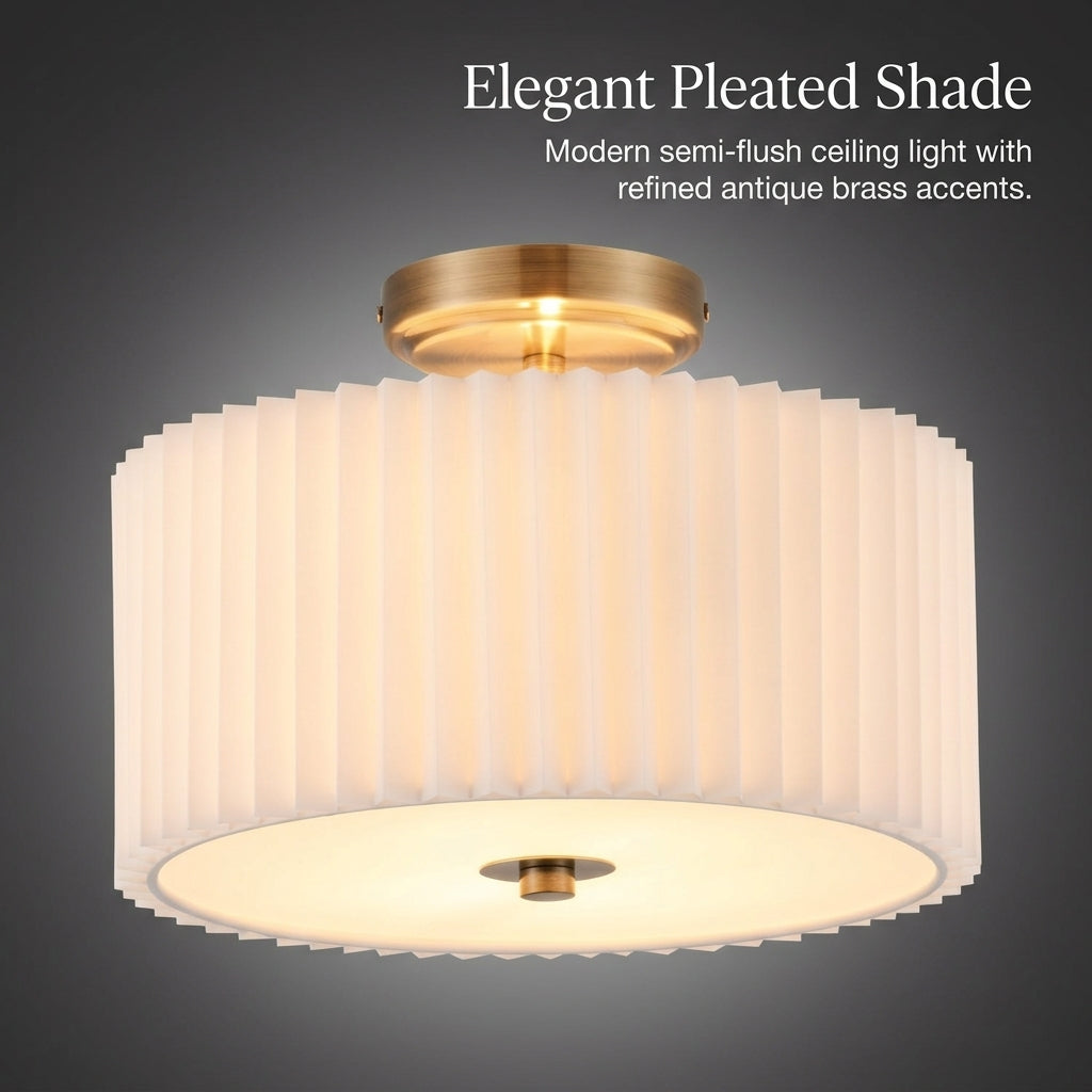 Ceiling Lights with Pleated Textile Shade for Living Room and Bedroom, LED Semi-Flush Mount Fitting for Low Ceilings, Modern Iron Body Design