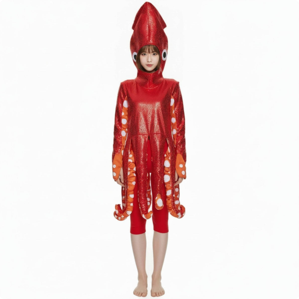 Squid Costume Metallicappearone-Piece Costume with Hood Novelty Bodysuit for Stage Performances