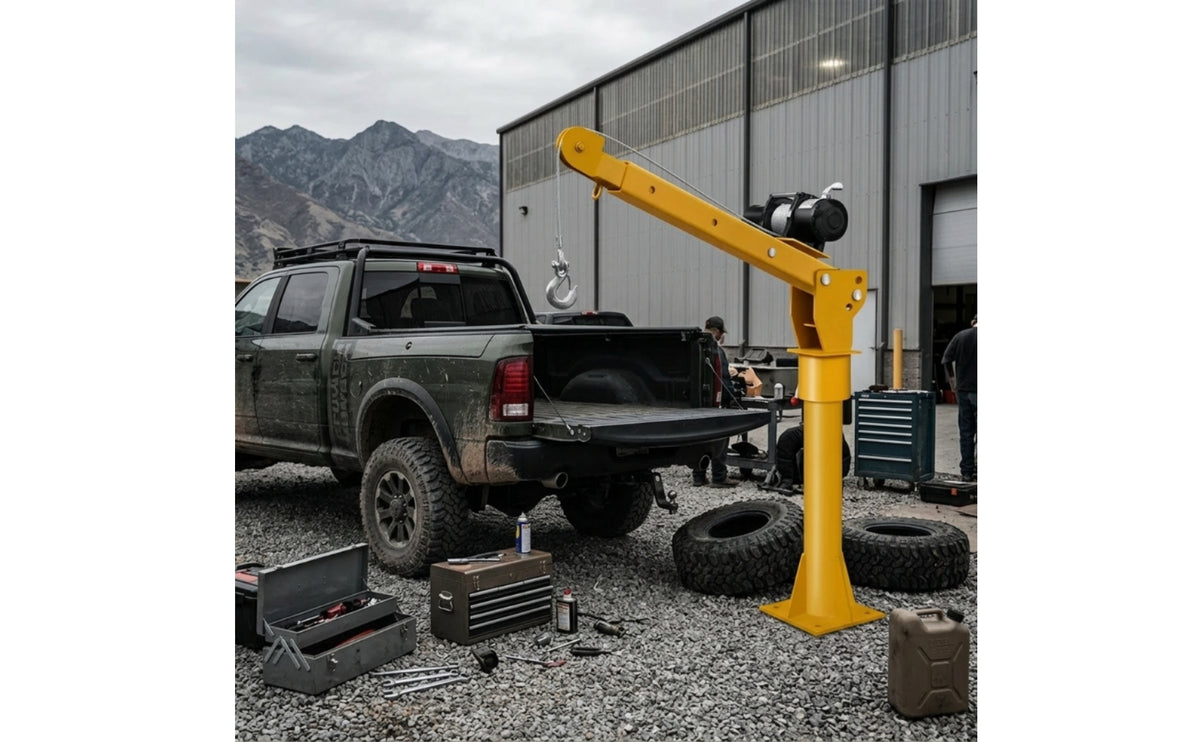 Pivoting Electric Crane with Winch Adjustable Arm Crane with Hook Heavy-Duty Hoist Compact for Mechanics, Builders, Workshop, Garage, Truck Bed