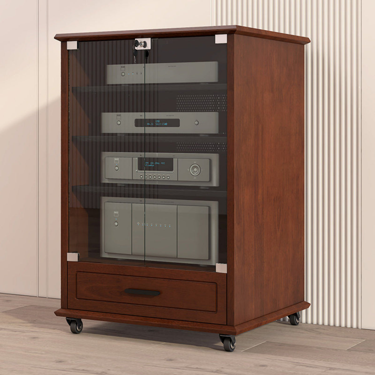 Solid Wood Amplifier Cabinet Lockable Wooden Stereo Cabinet with Lock Heavy Duty Construction AV Component Rack for Audiophiles, KTV, Conference Room