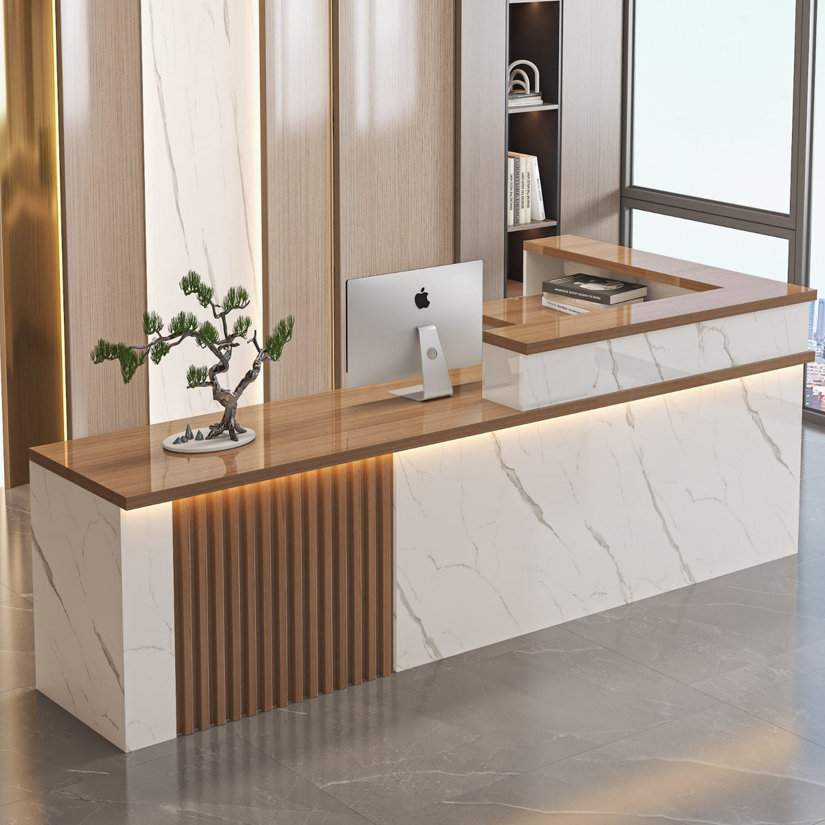 L-Shaped Front Counter High-Gloss Varnished Finish Commercial Cashier Desk Sturdy Construction L-Shaped Reception Desk for Receptionists, Lobby