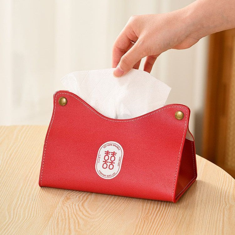 Red Leather Tissue Box with Double Happiness for Wedding Decoration