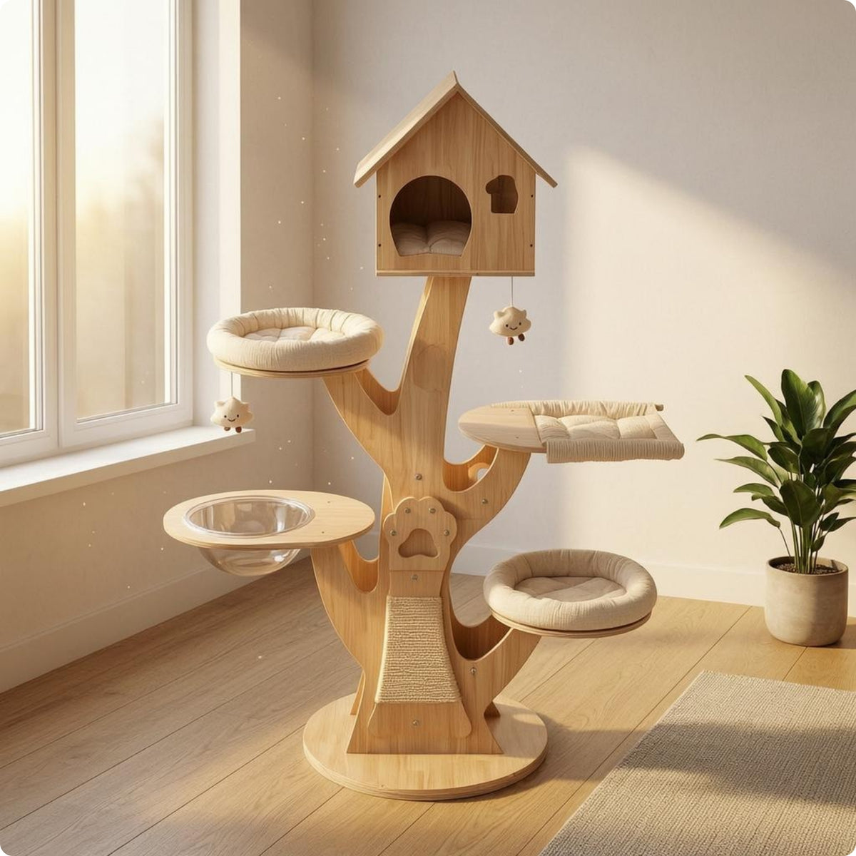 Treehouse Feline Climbing Structure Hanging Nest Wooden Feline Furniture Cushioned Perch Animal Furniture