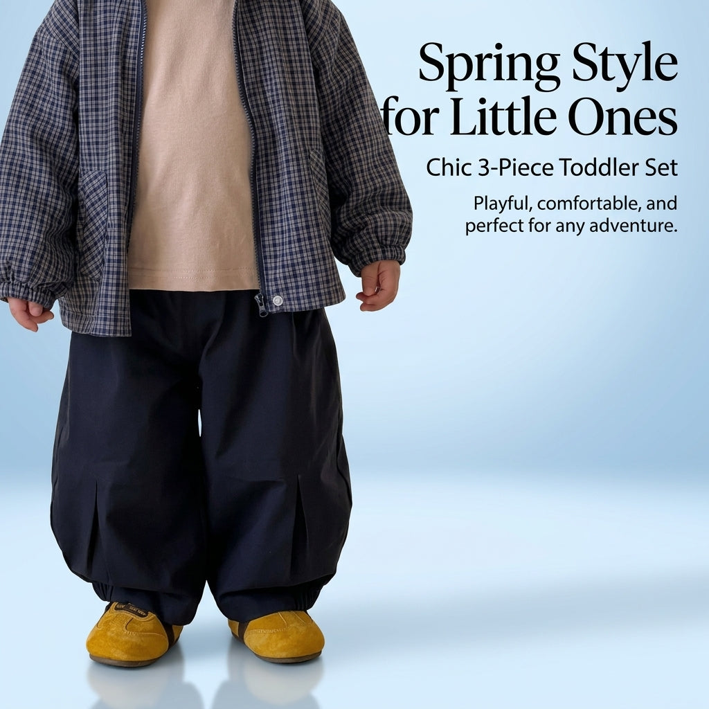 Kids Clothes Boys Long Sleeve Plaid Jacket Three Piece Set with Zip Closure, Outfit for Casual Outings and Outdoor Wear, Coordinated