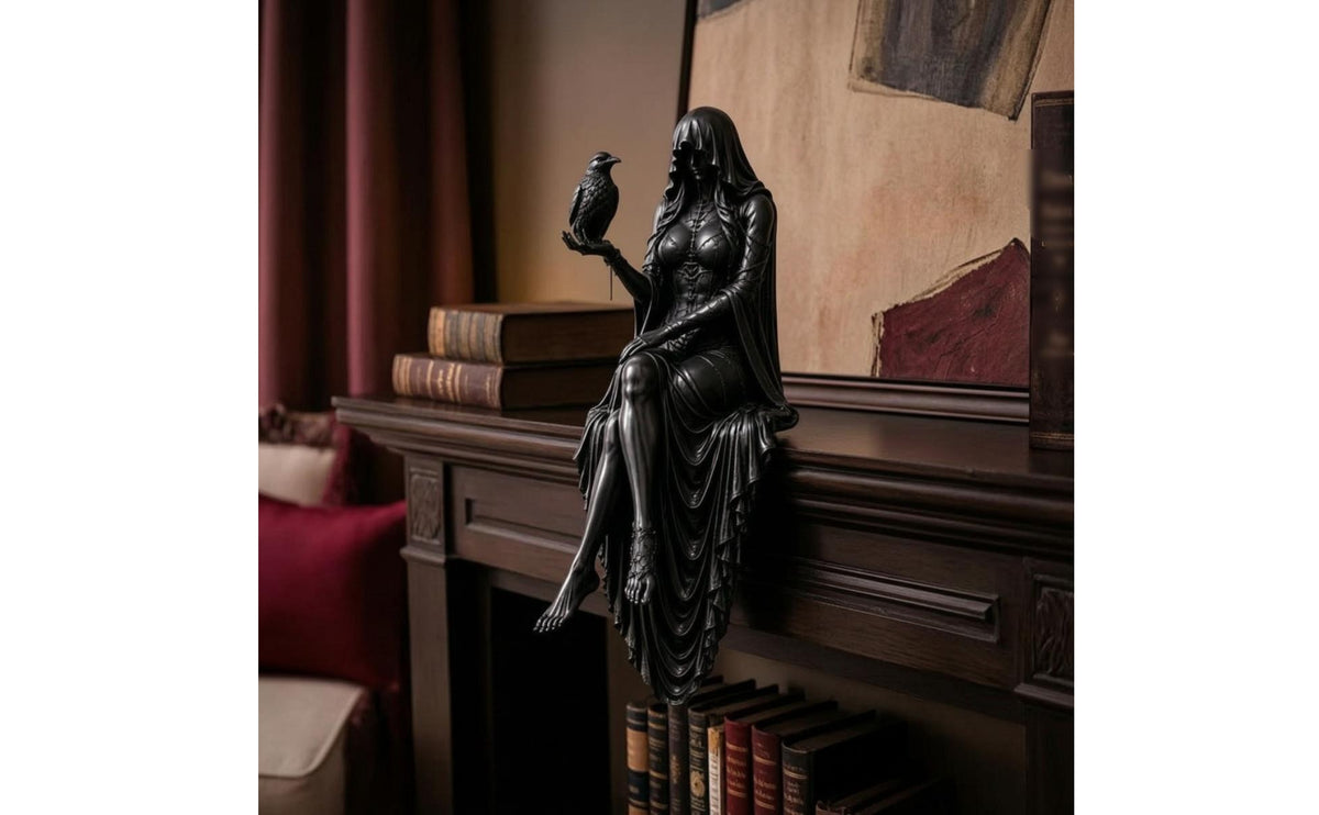 Decorative Hooded Figure Statue Dark Fantasy Gothic Statue Detailed Sculpture Freestanding for Goths, Book Lovers, Bookshelf, Mantel, Reading Nook