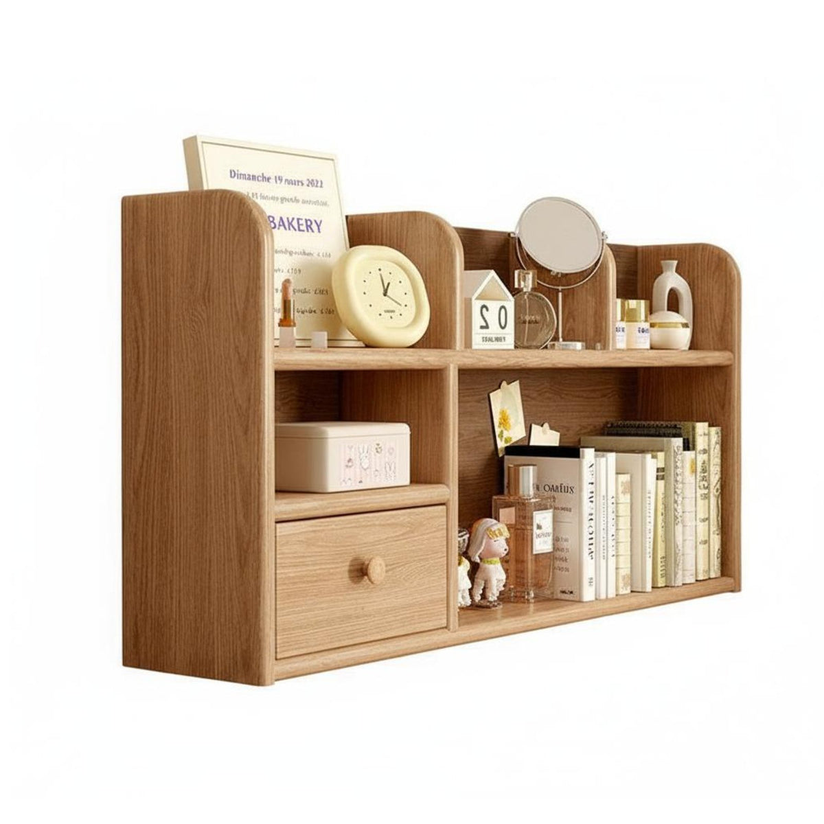 Multitier Desktop Shelf Unit with Drawers Space Saving Desktop Shelf Sturdy Construction Rounded Corners for Students, Bedroom