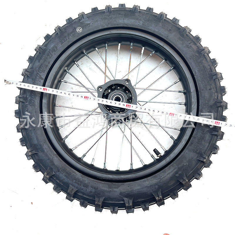 Off-Road Motorcycle Tire 90/100-14 Inch Wheel Set with High-Toothed Steel Rim, Black Hub, Disc Brake