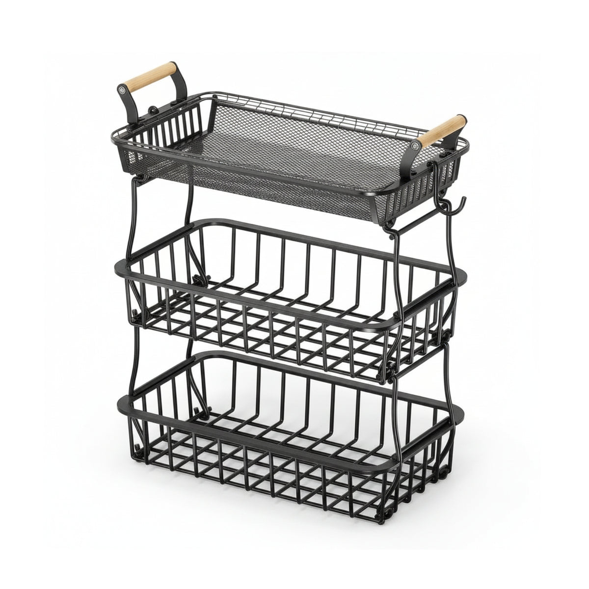 3-Tier Fruit Basket Wire Mesh Three-Tier Fruit Basket Stable Kitchen Organizer with Hooks for Pantry