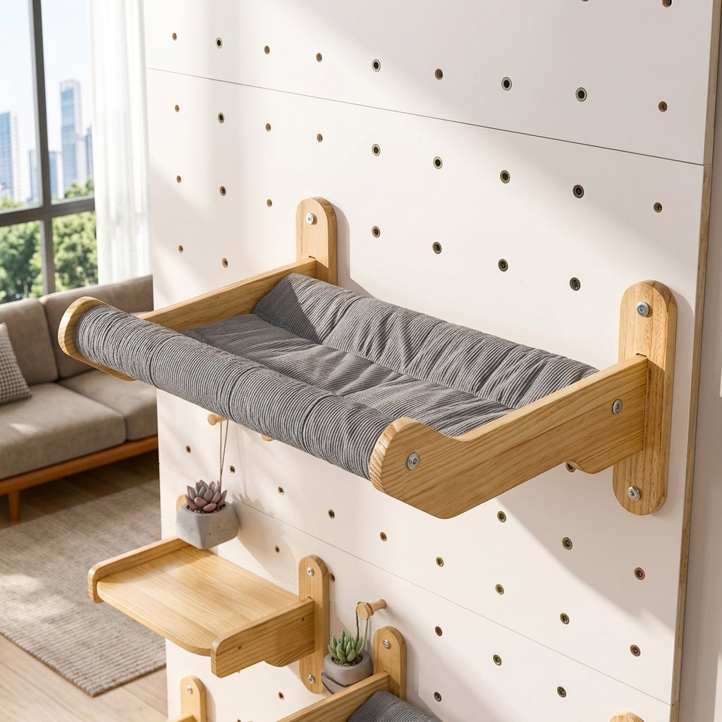 Cat Activity Center Wall Mounted Pegboard, Wood Climbing Wall with Walkways, DIY Furniture Climbing for Indoor Cats