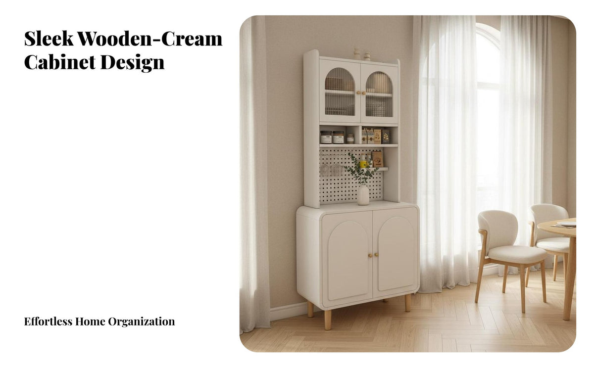 Multi-Functional Dining Room Sideboard with Hutch Large Capacity Accent Storage Cabinet Space Saving Freestanding Pantry Cabinet Arched Doors for Interior Design Enthusiasts, Apartment Dwellers, Homeowners, Hallway, Home Office