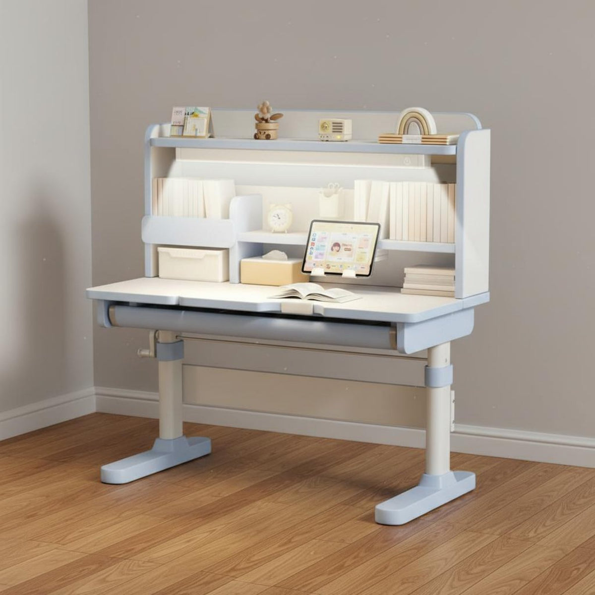 Child's Writing Table with Chair Wooden Student Writing Desk with Hutch Ergonomic Height Adjustable Homework Station Built-in Lamp Suitable for Kids Study Room Home School