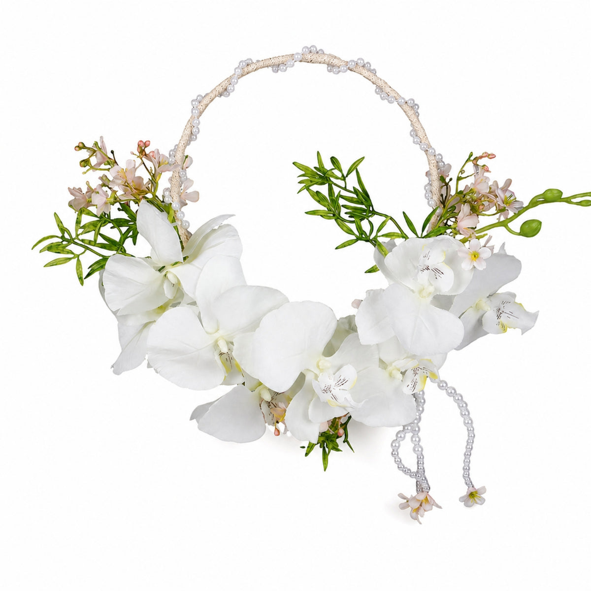 Wreath Bouquet with Pearl Handle Beaded Decorations Faux for Bridal Photoshoots