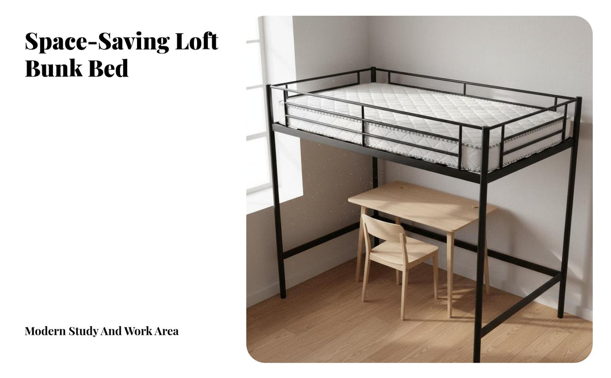 Stable Structure Iron Double Decker Bed Staircase Entry Metal Loft Bed with Stairs Reversible Assembly Bedroom Furniture for Adults, Students, Teens, Small Apartment, Dorm Room, Study Area, Home Office